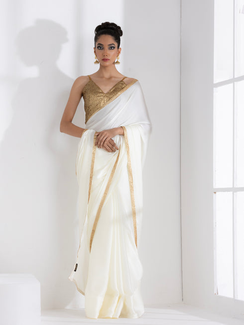 Majestic Cream Satin Saree with Gold Lace