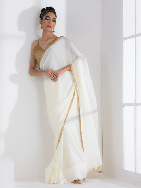 Majestic Cream Satin Saree with Gold Lace
