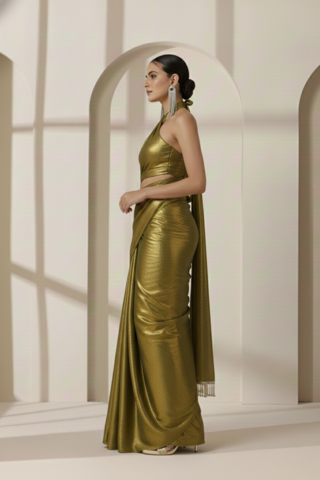 Henna Gold Chiffon Saree with Lace with Self Blouse Fabric