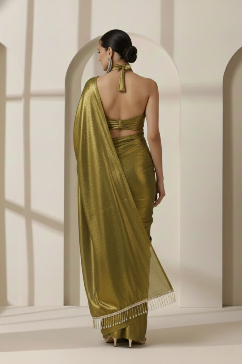 Henna Gold Chiffon Saree with Lace with Self Blouse Fabric