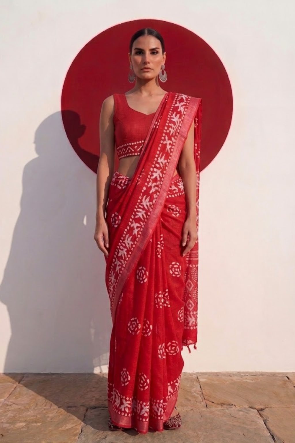 Red Hand Block Printed Soft Cotton Saree with Blouse Fabric