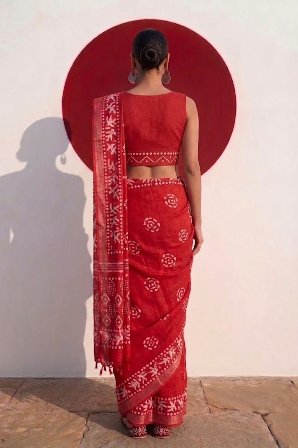 Red Hand Block Printed Soft Cotton Saree with Blouse Fabric