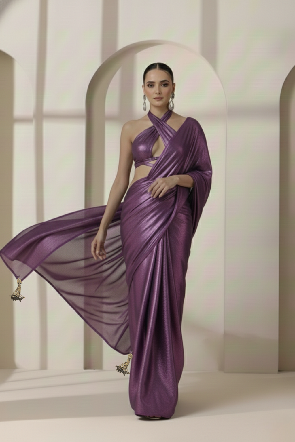 Amythst Gold Chiffon Saree with Pendants with Self Blouse