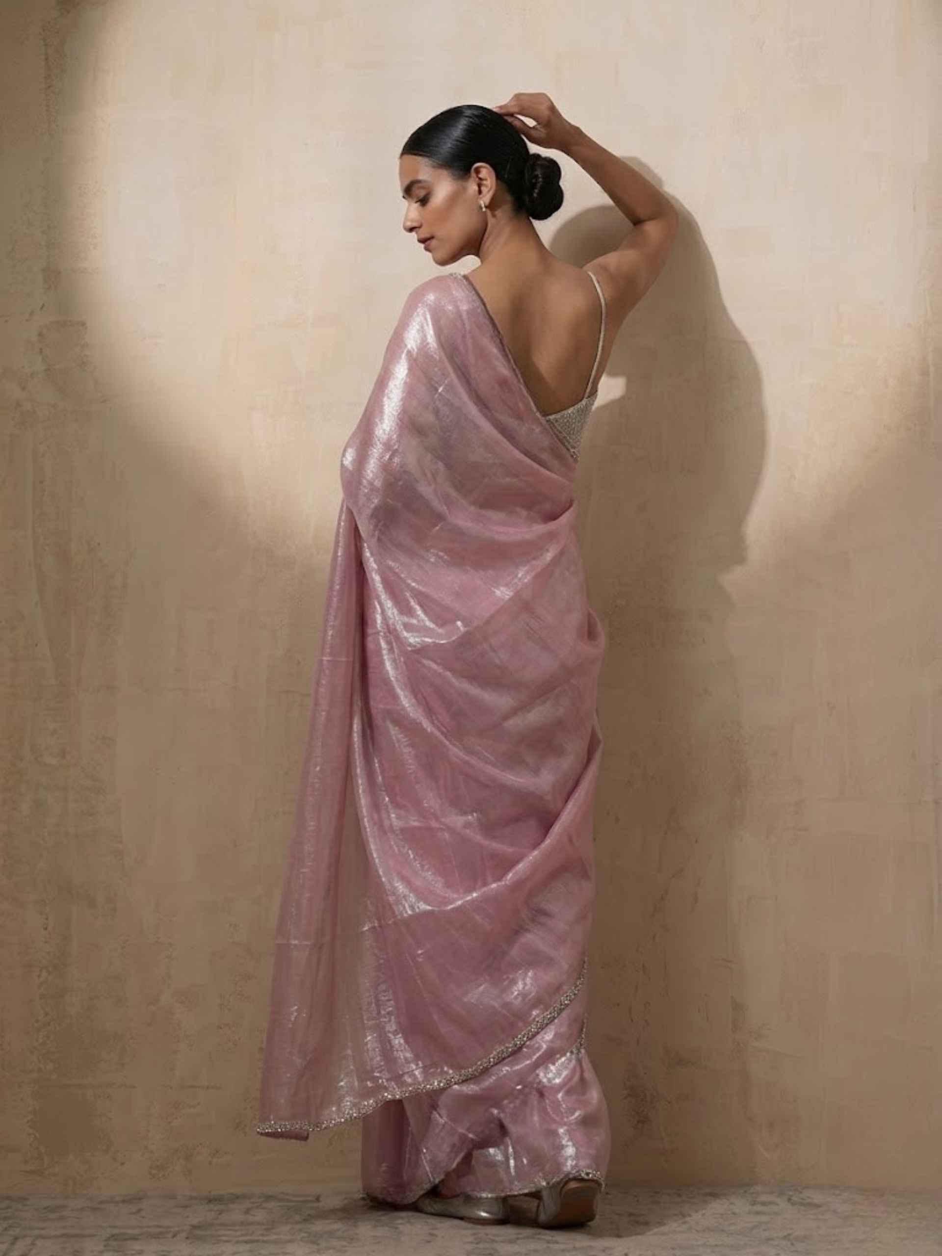 Pink Blue Metallic Satin Saree with Lace and Self Blouse Fabric