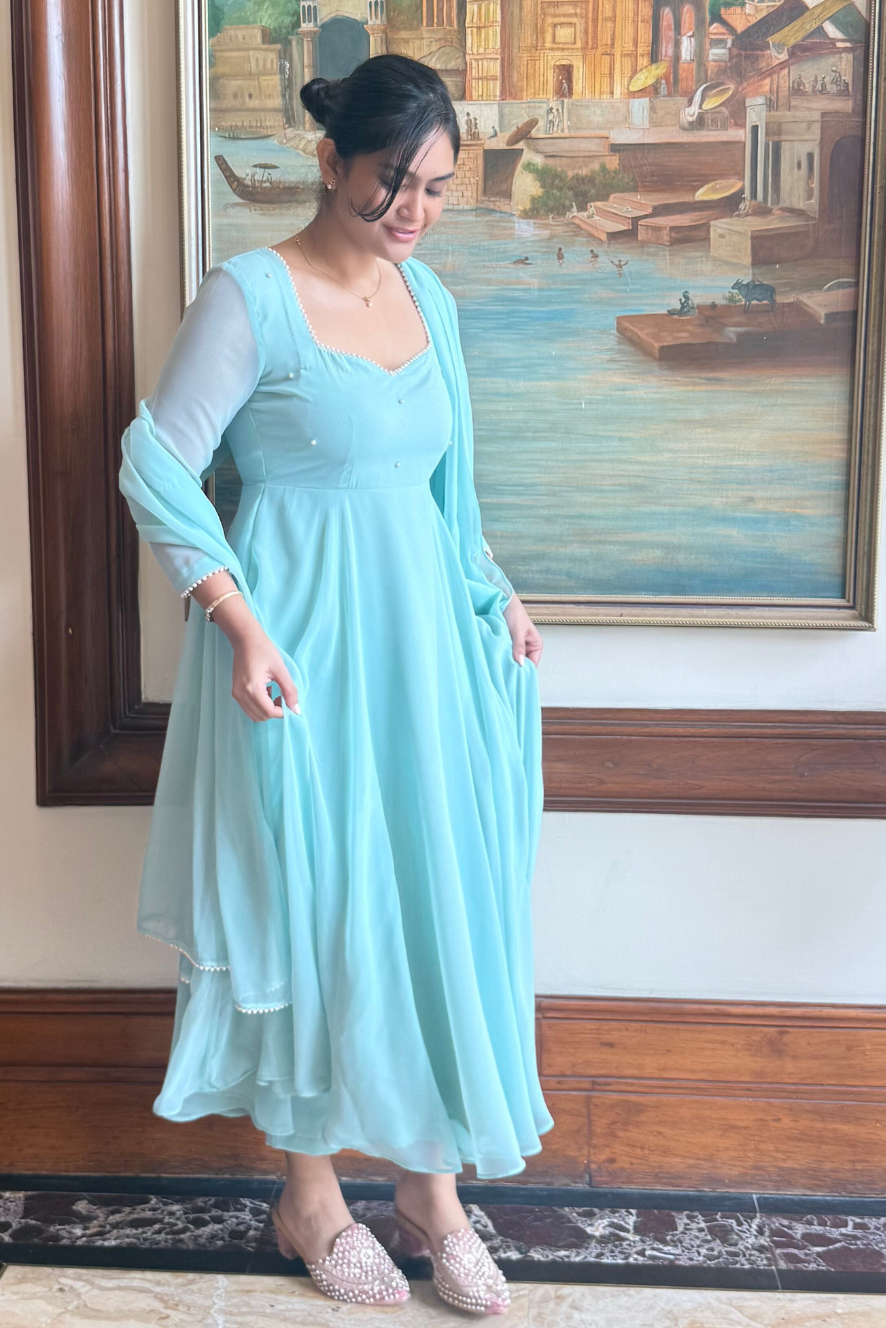 3 pc Suit Set -Light Blue Georgette 3/4th Sleeve Anarkali with Pearls with Dupatta and Pants