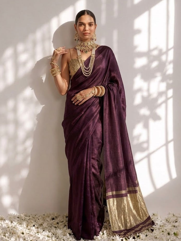 Wine Modal Gajji Saree with Zari Pallu and Self Blouse Fabric