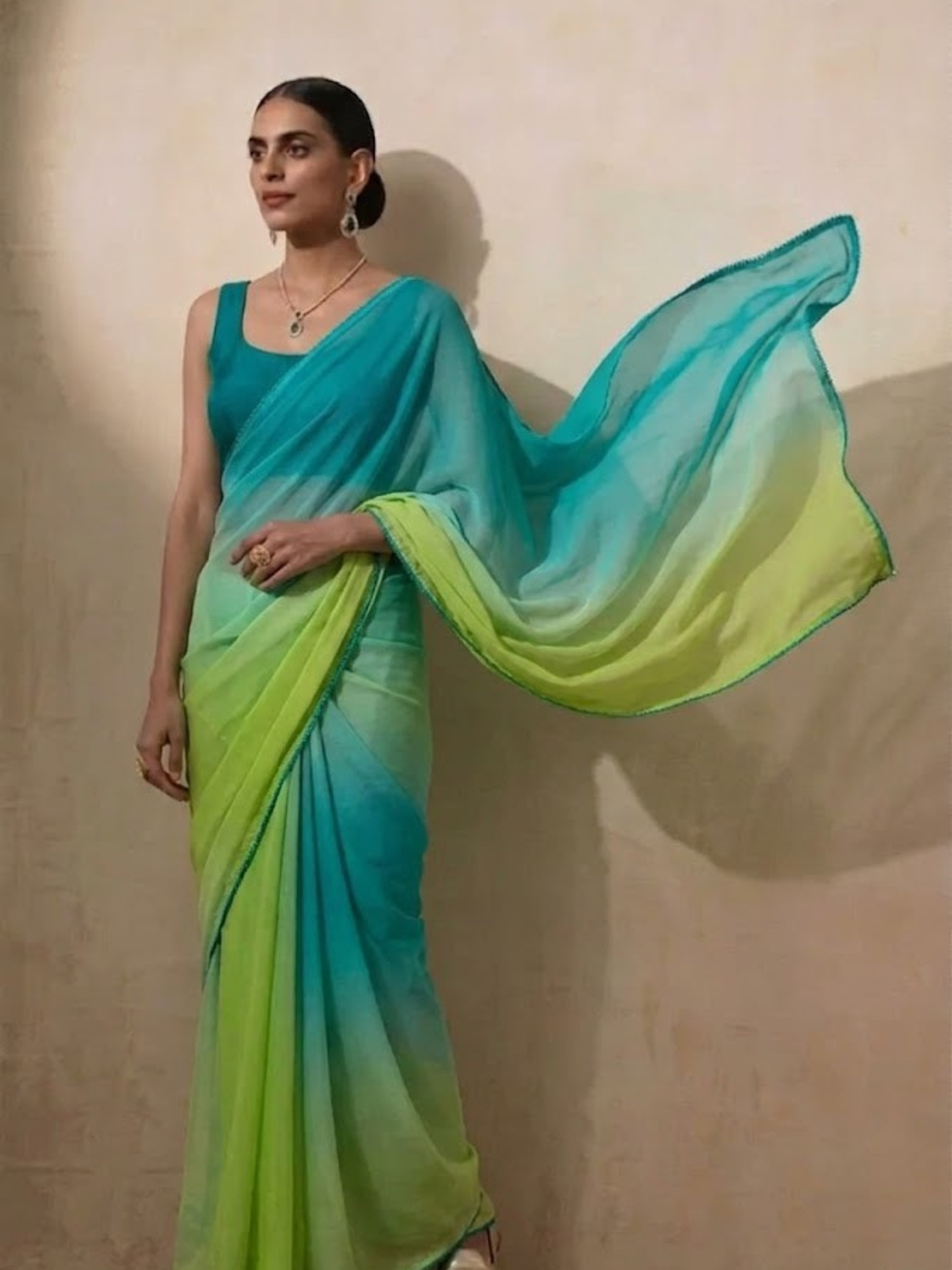 Blue and Green Ombre Chiffon Saree with Self Fabric Blouse