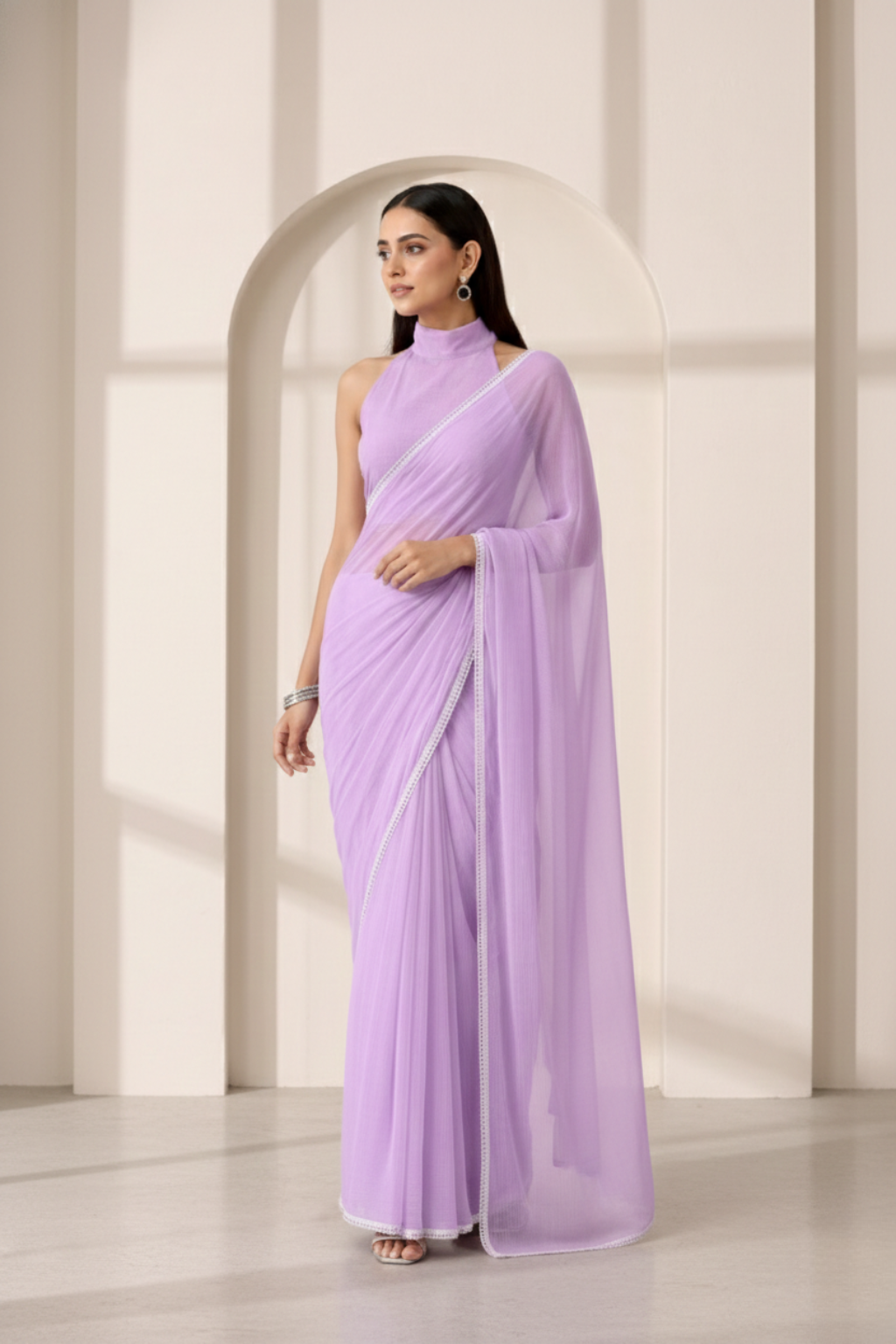 Lavender Chiffon Saree with Lace and Self Fabric Blouse
