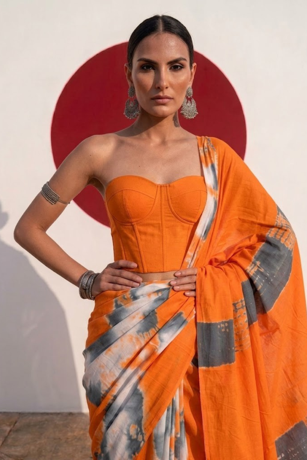 Orange and Grey Tie Dye Cotton Saree with Blouse fabric