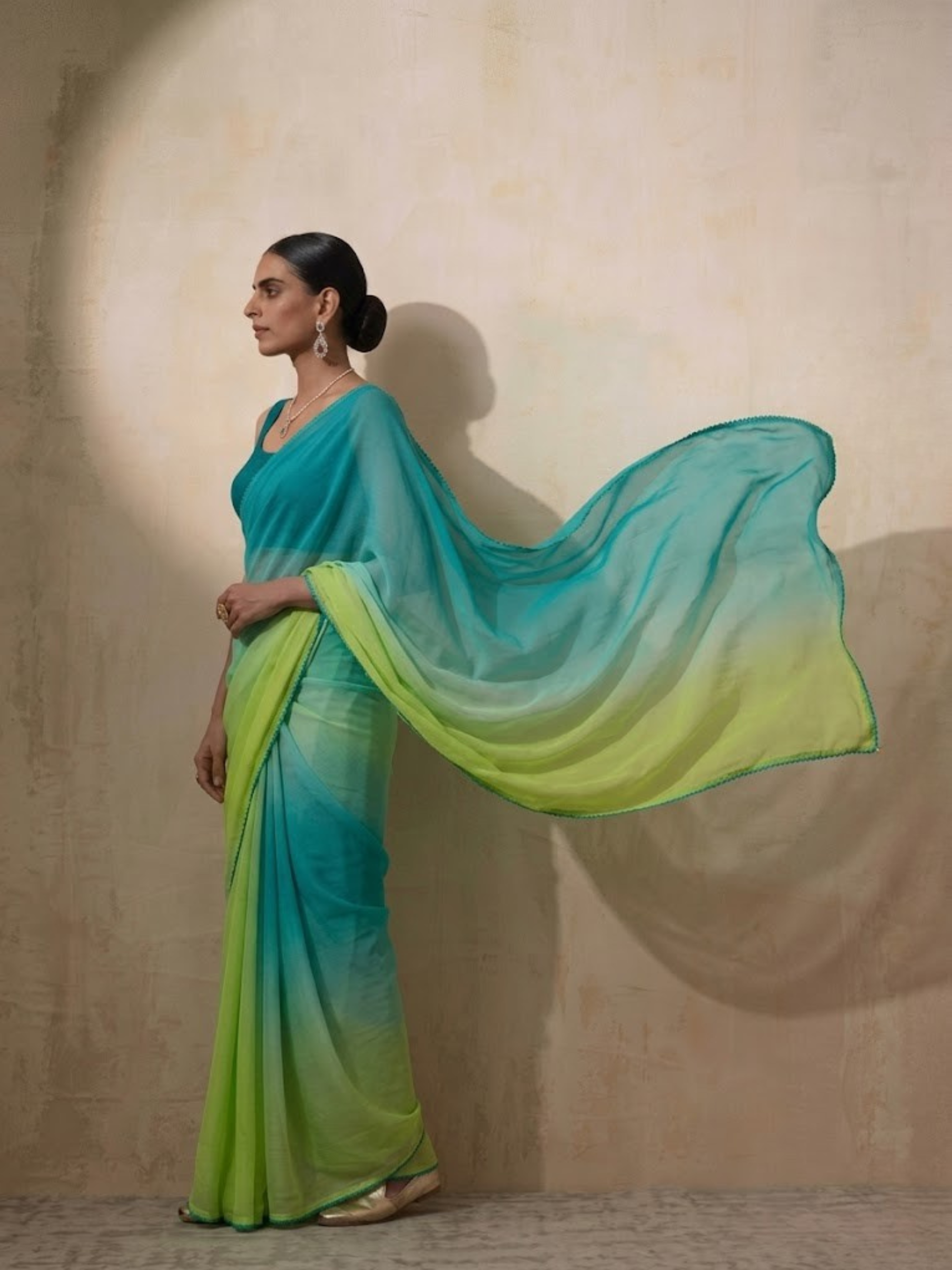 Blue and Green Ombre Chiffon Saree with Self Fabric Blouse