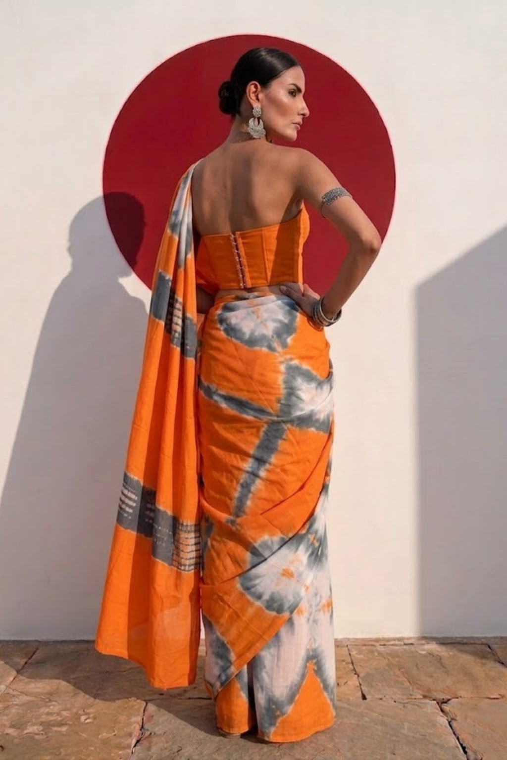 Orange and Grey Tie Dye Cotton Saree with Blouse fabric