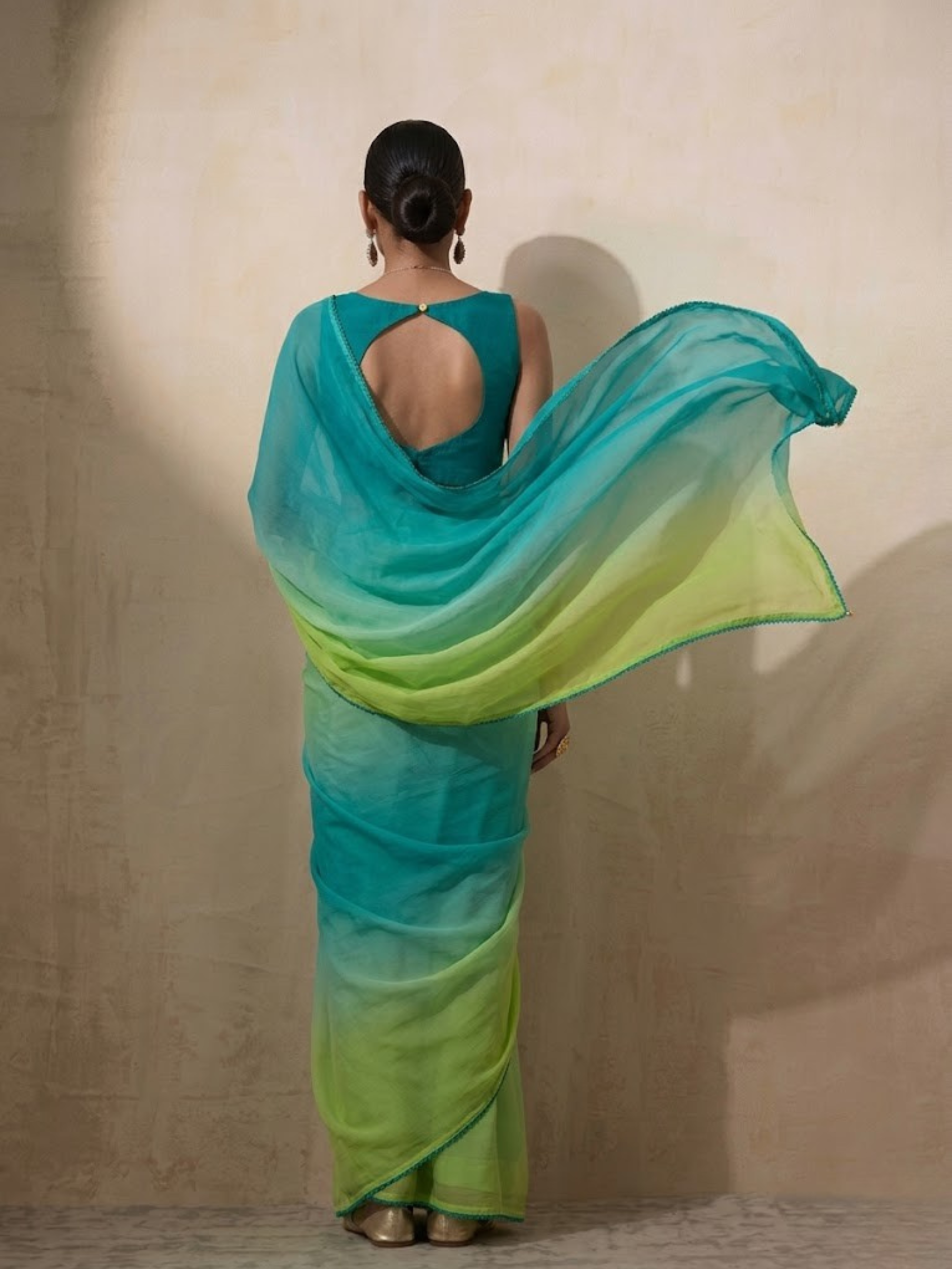 Blue and Green Ombre Chiffon Saree with Self Fabric Blouse