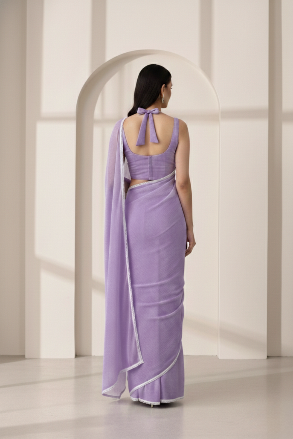 Purple Chiffon Saree with Lace and Self Fabric Blouse