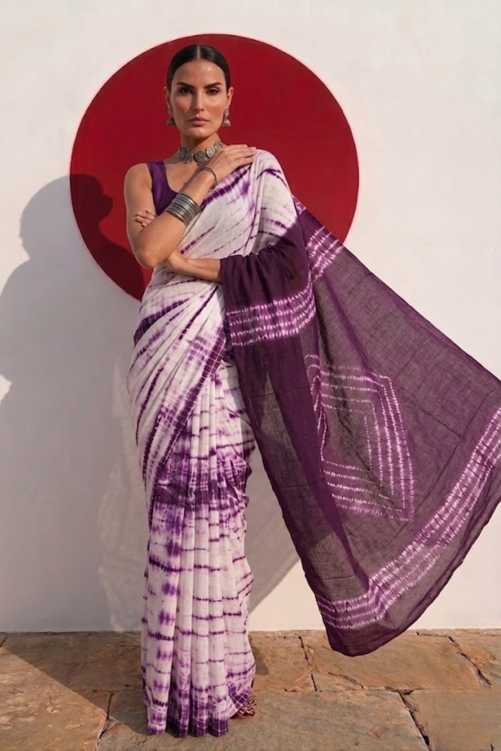 Chocolate and Purple Tie Dye Stripes Cotton Saree with Blouse fabric