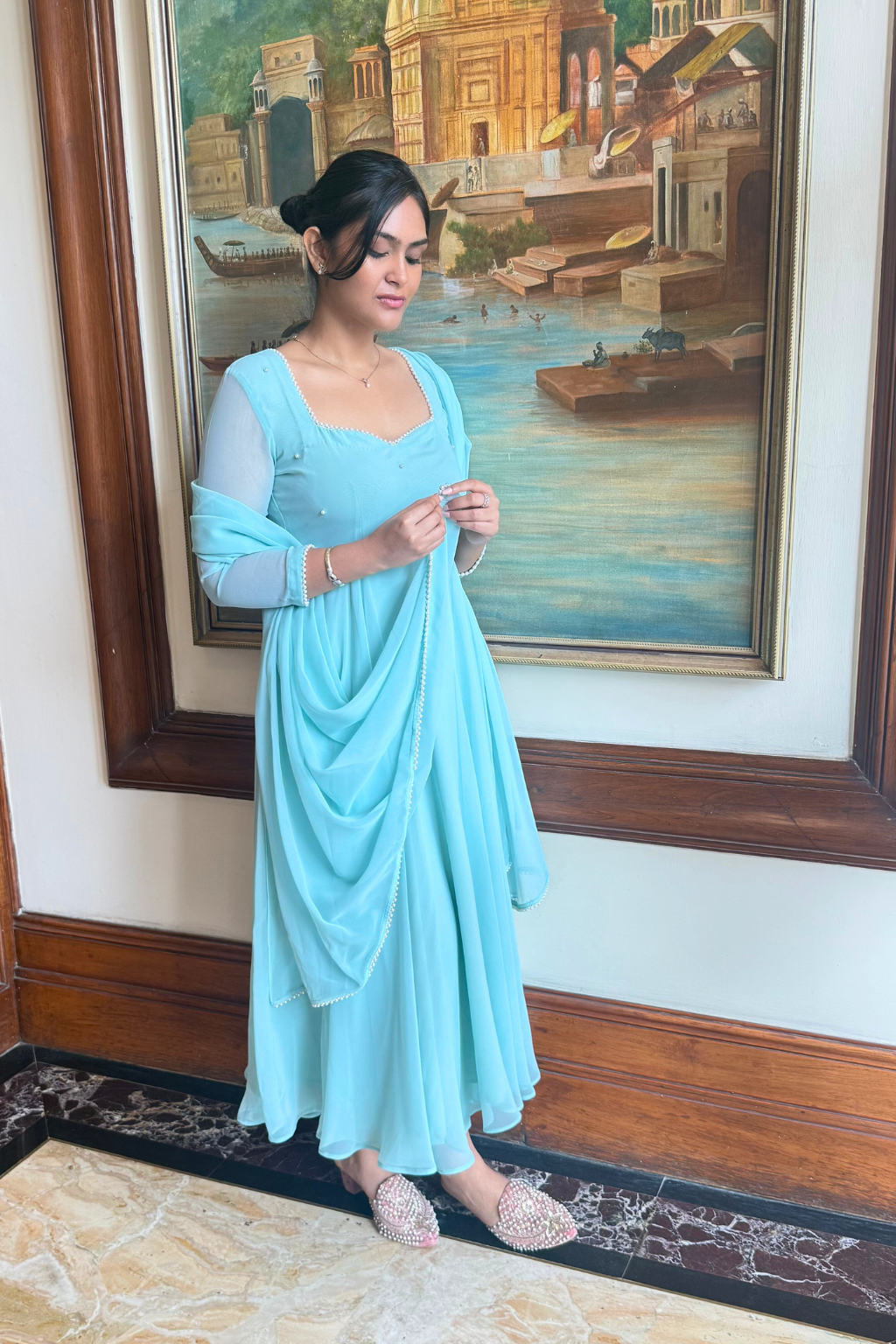 3 pc Suit Set -Light Blue Georgette 3/4th Sleeve Anarkali with Pearls with Dupatta and Pants
