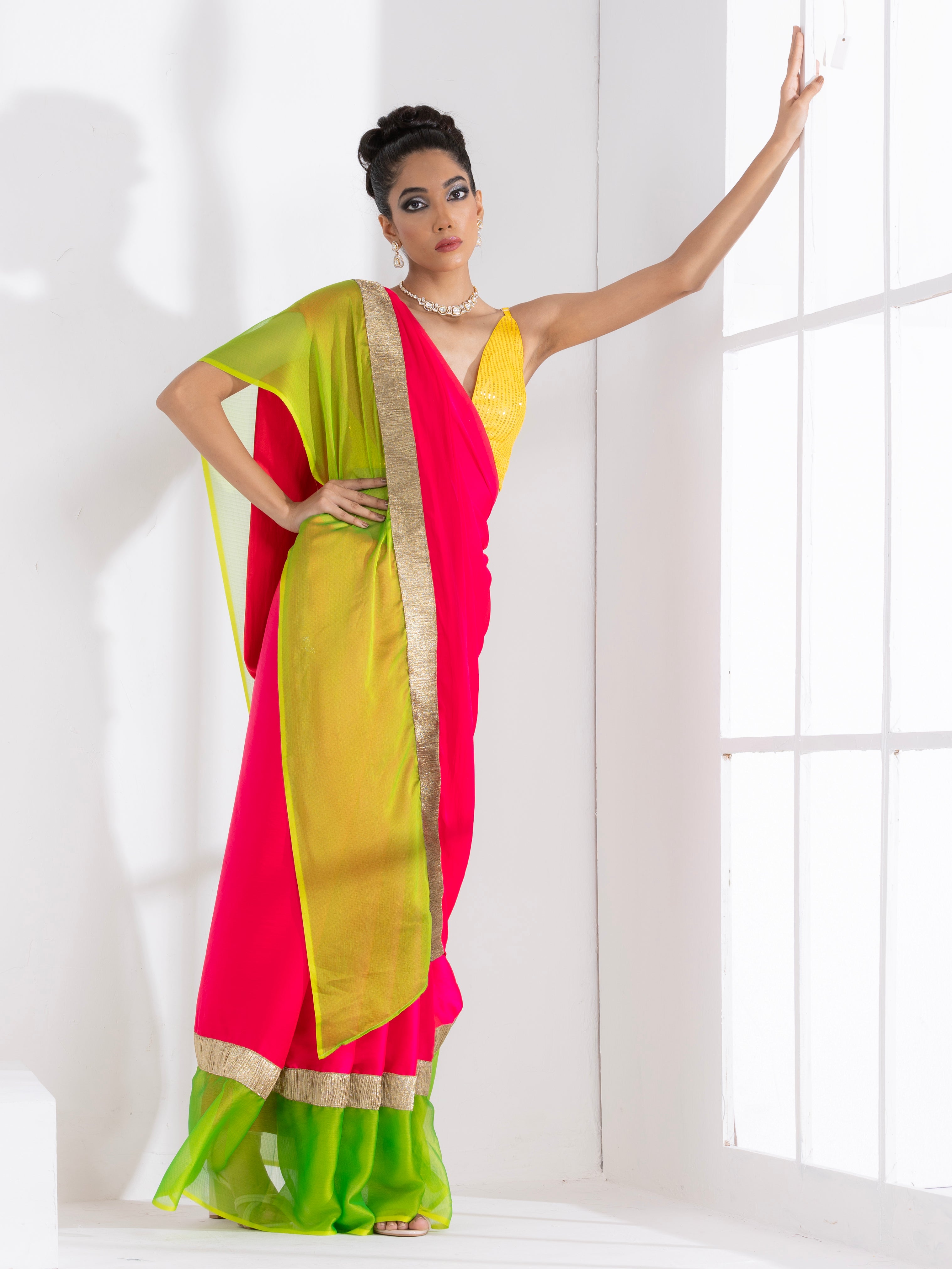 Fuchsia satin saree with lime green chiffon border with lace and yellow sequin blouse fabric — view 9