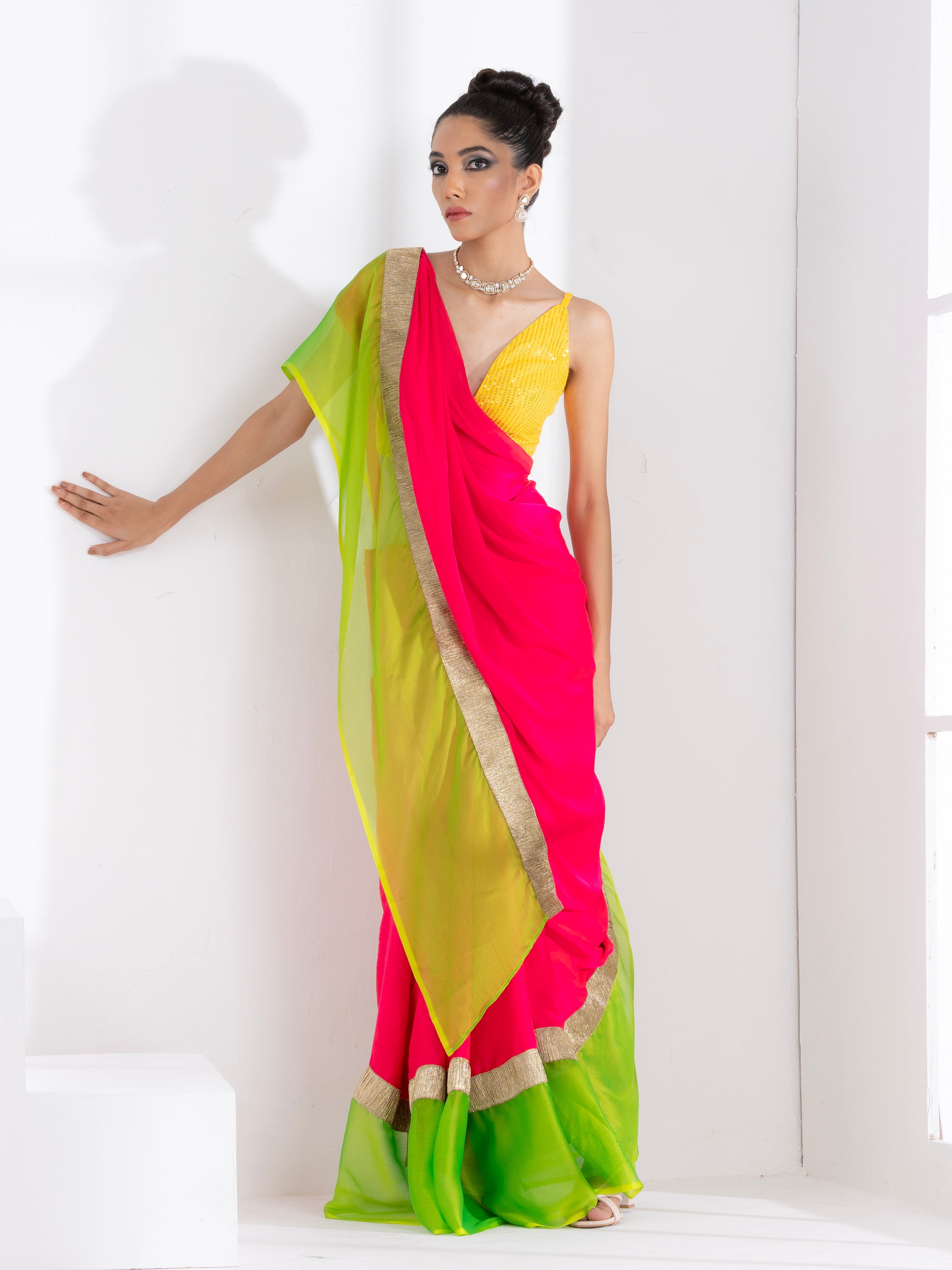 Fuchsia satin saree with lime green chiffon border with lace and yellow sequin blouse fabric — view 5
