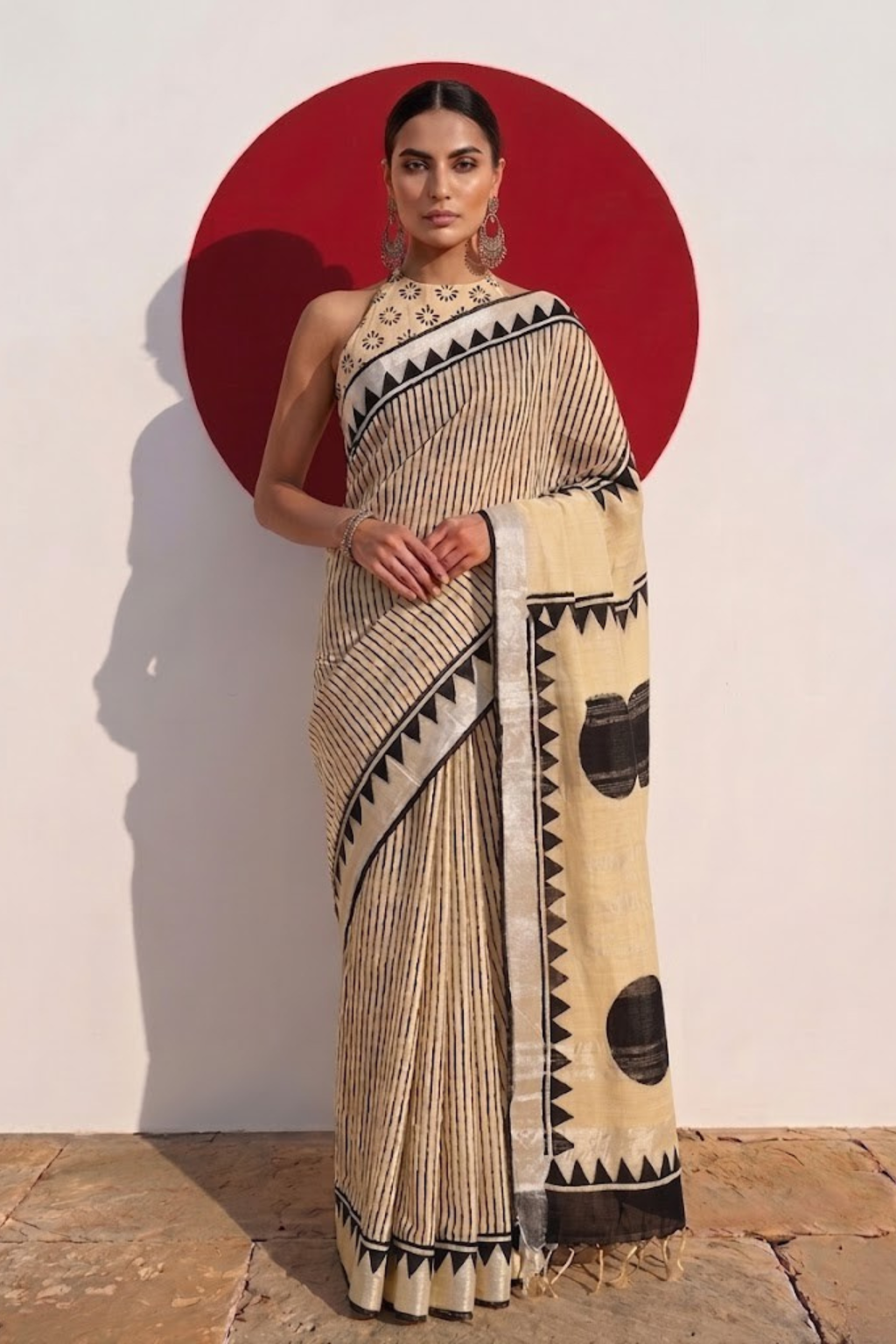 Cream and Black Stripe Hand Block Printed Cotton Saree with Blouse Fabric