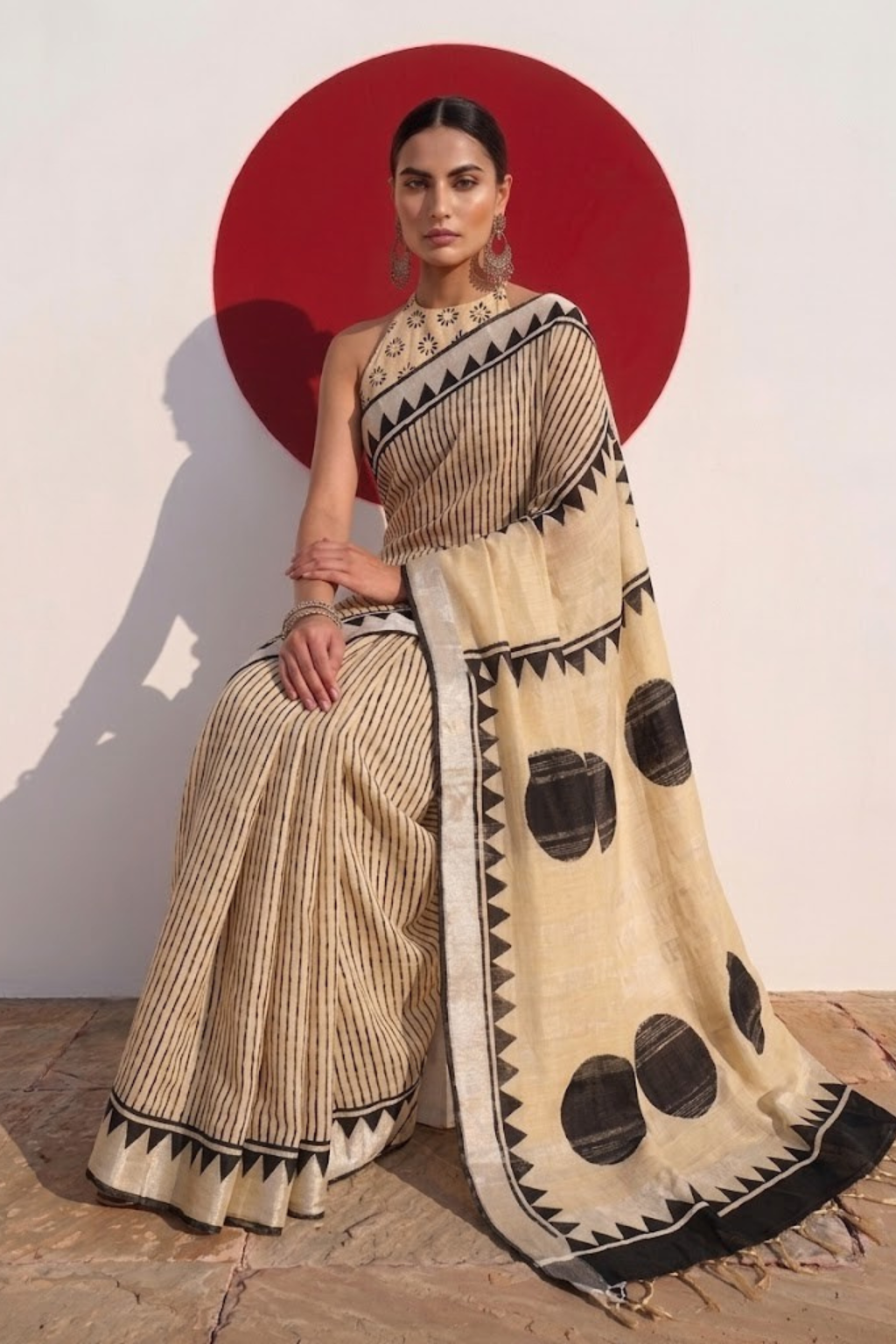 Cream and Black Stripe Hand Block Printed Cotton Saree with Blouse Fabric