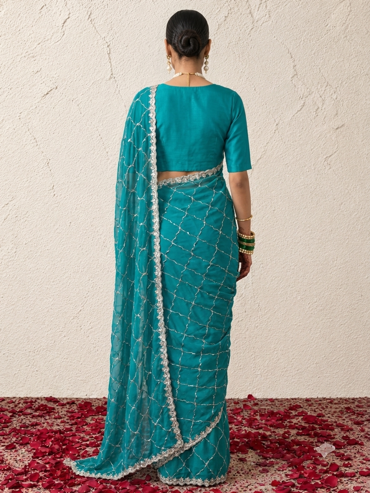 Blue and Green Metallic Satin Hand Beaded Cut Dana Jaal Saree with Matching Beaded Blouse Fabric