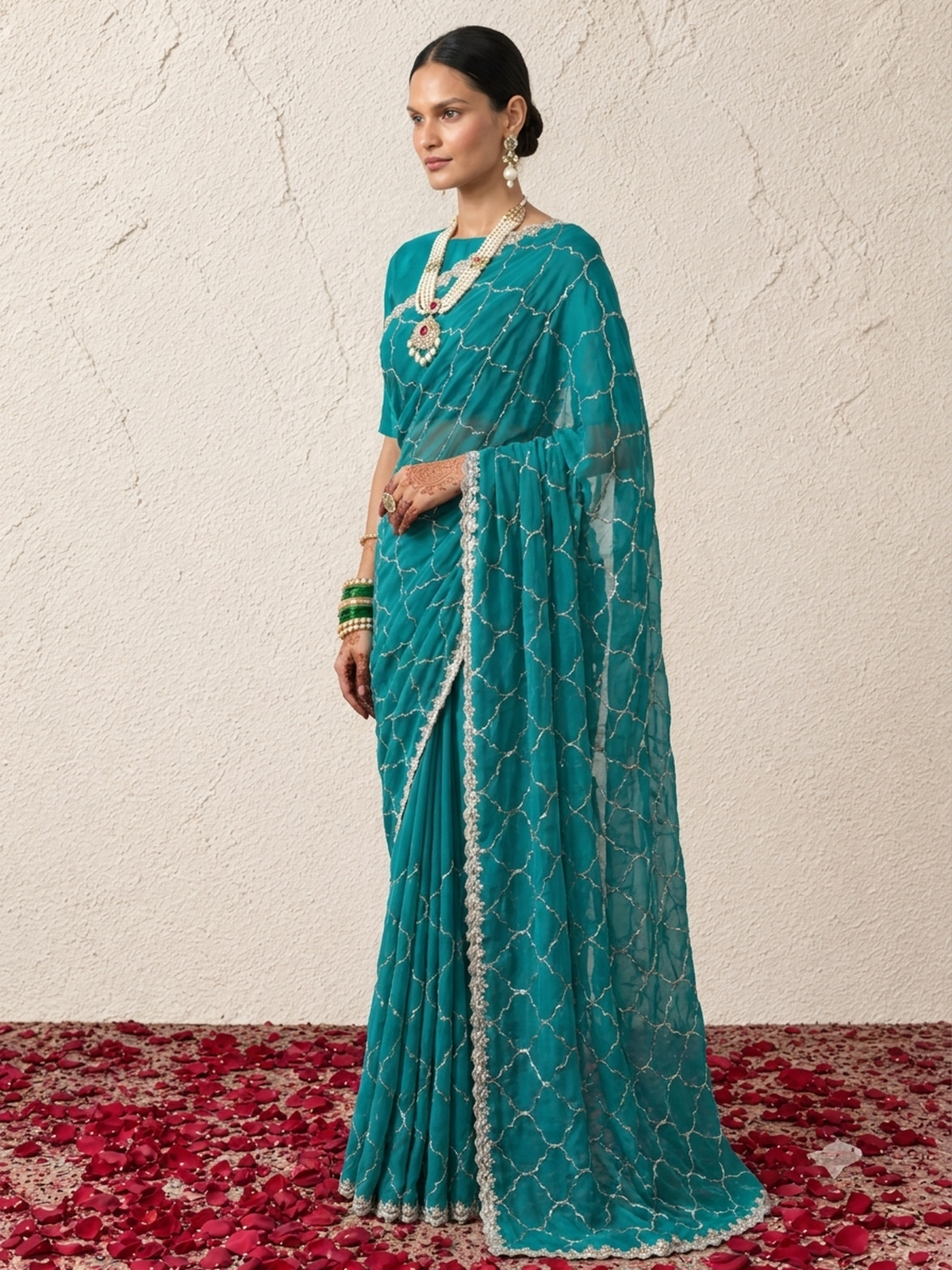 Blue and Green Metallic Satin Hand Beaded Cut Dana Jaal Saree with Matching Beaded Blouse Fabric