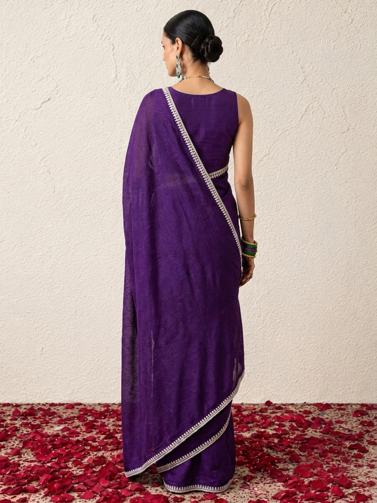 Purple Amethyst Metallic Satin Mirror Hand Beaded Saree with Border and Matching Blouse Fabric