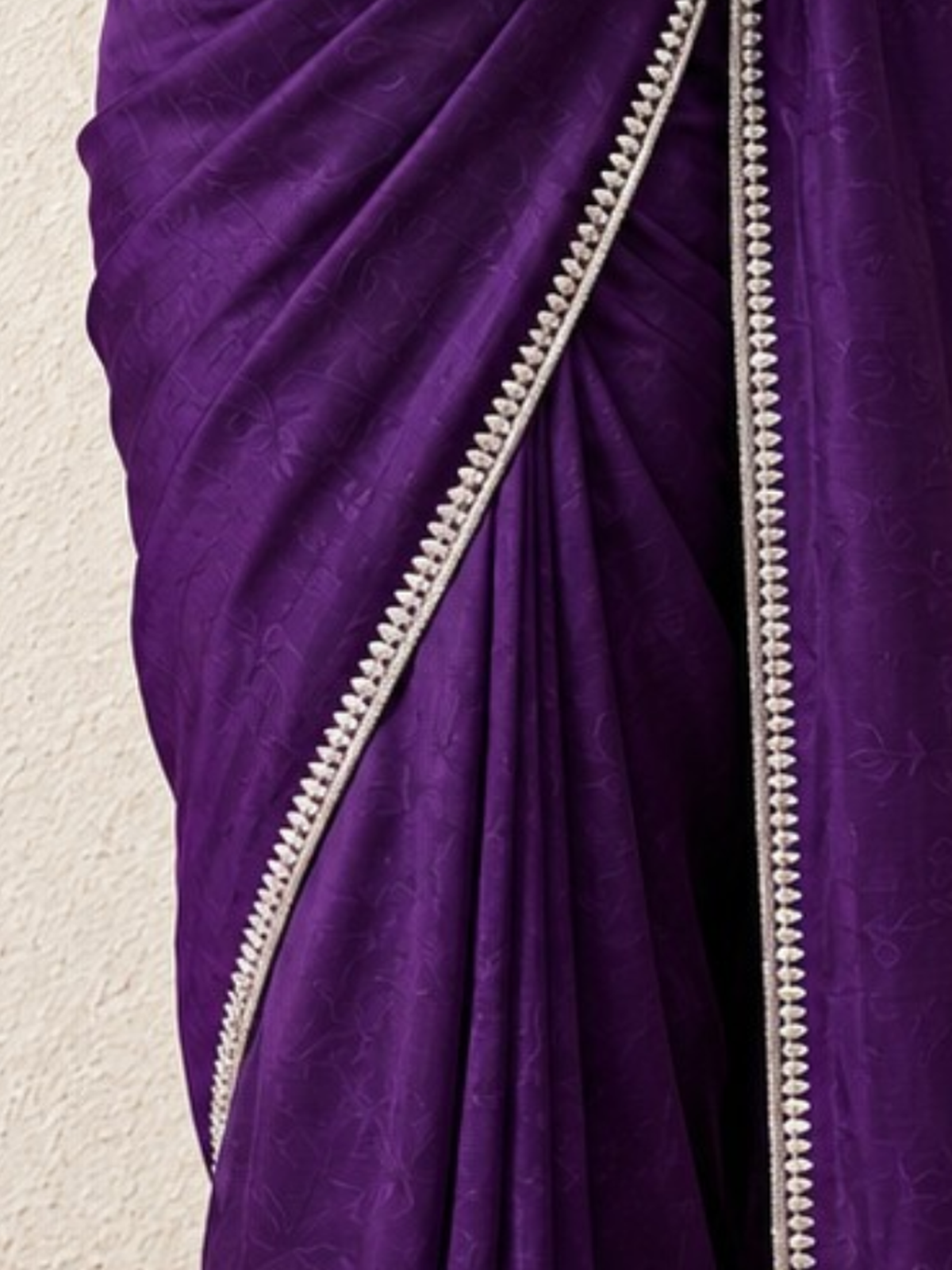 Purple Amethyst Metallic Satin Mirror Hand Beaded Saree with Border and Matching Blouse Fabric
