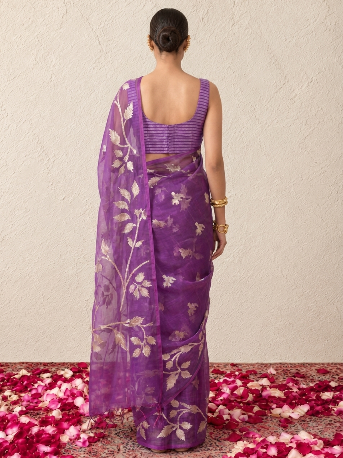 Purple Organza Saree with Zari Buti and Matching Stripe Blouse Fabric