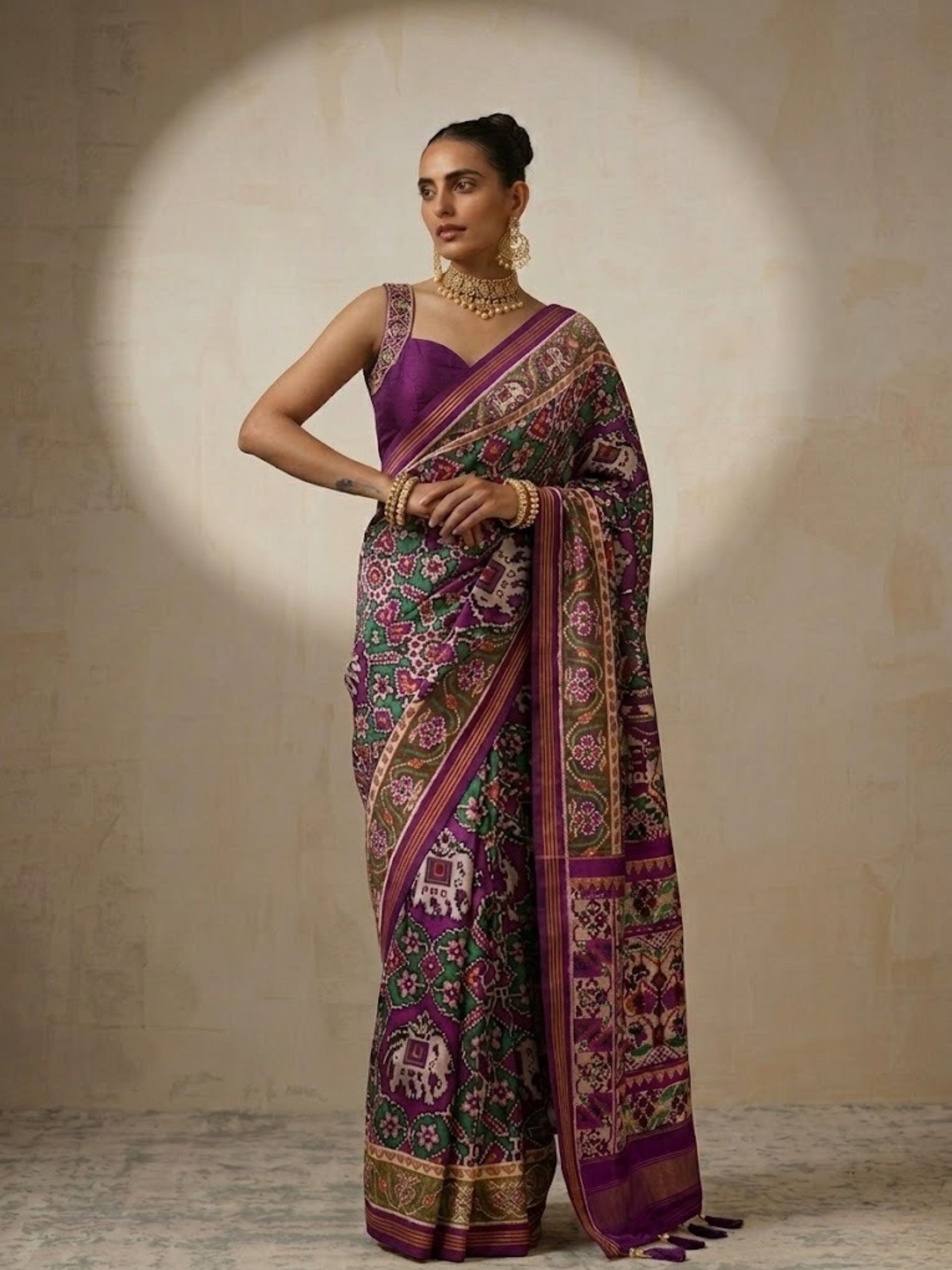 Purple Silk Patola Saree with Self Blouse