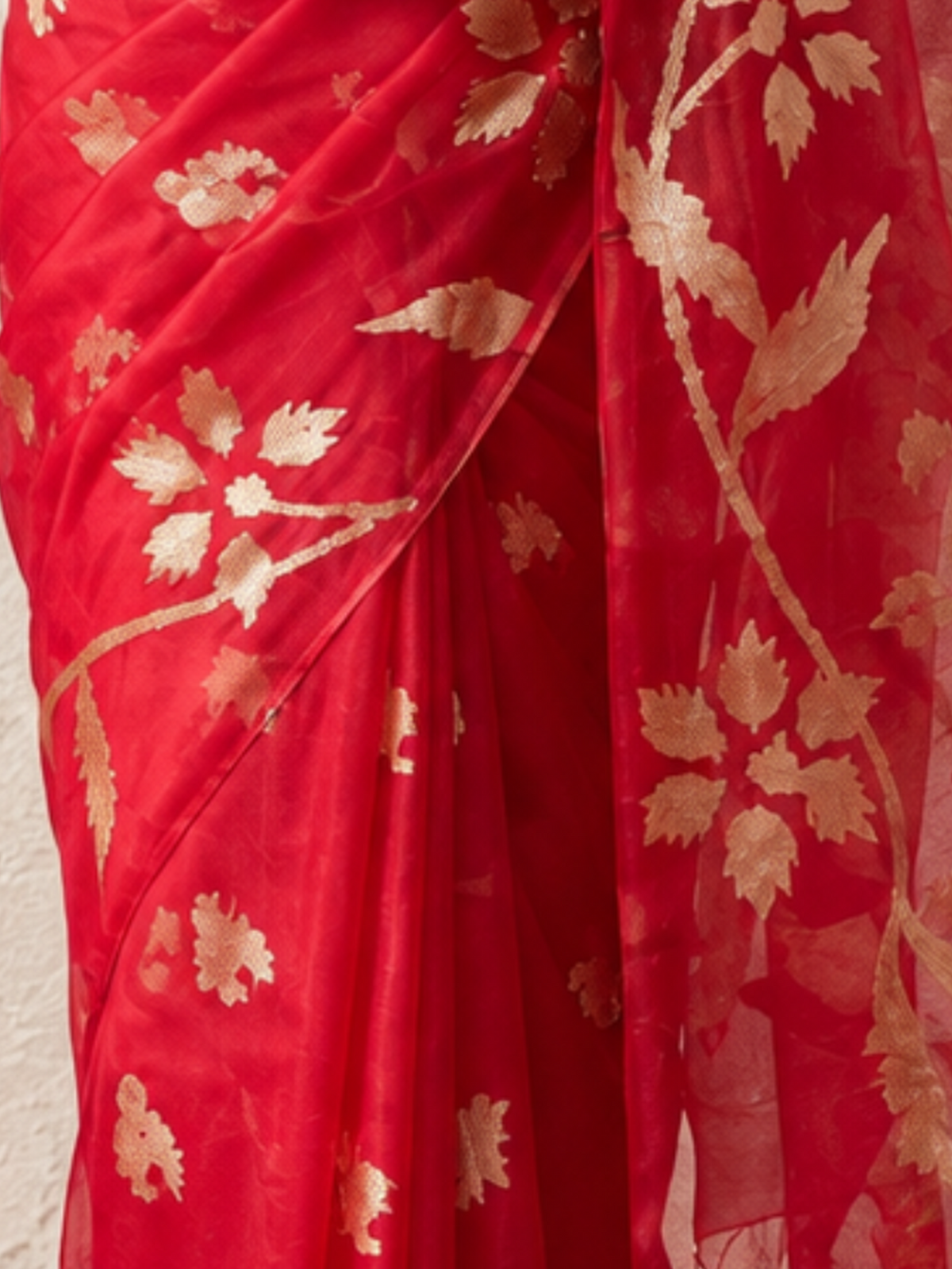 Red Organza Saree with Zari Buti and Matching Stripe Blouse Fabric