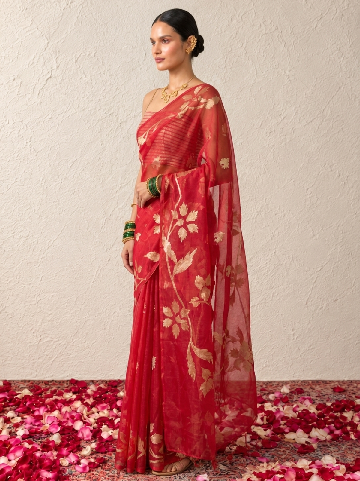 Red Organza Saree with Zari Buti and Matching Stripe Blouse Fabric