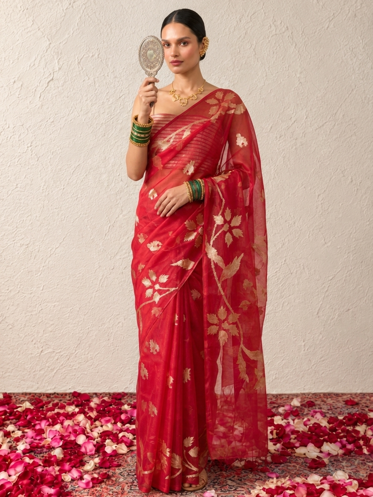 Red Organza Saree with Zari Buti and Matching Stripe Blouse Fabric