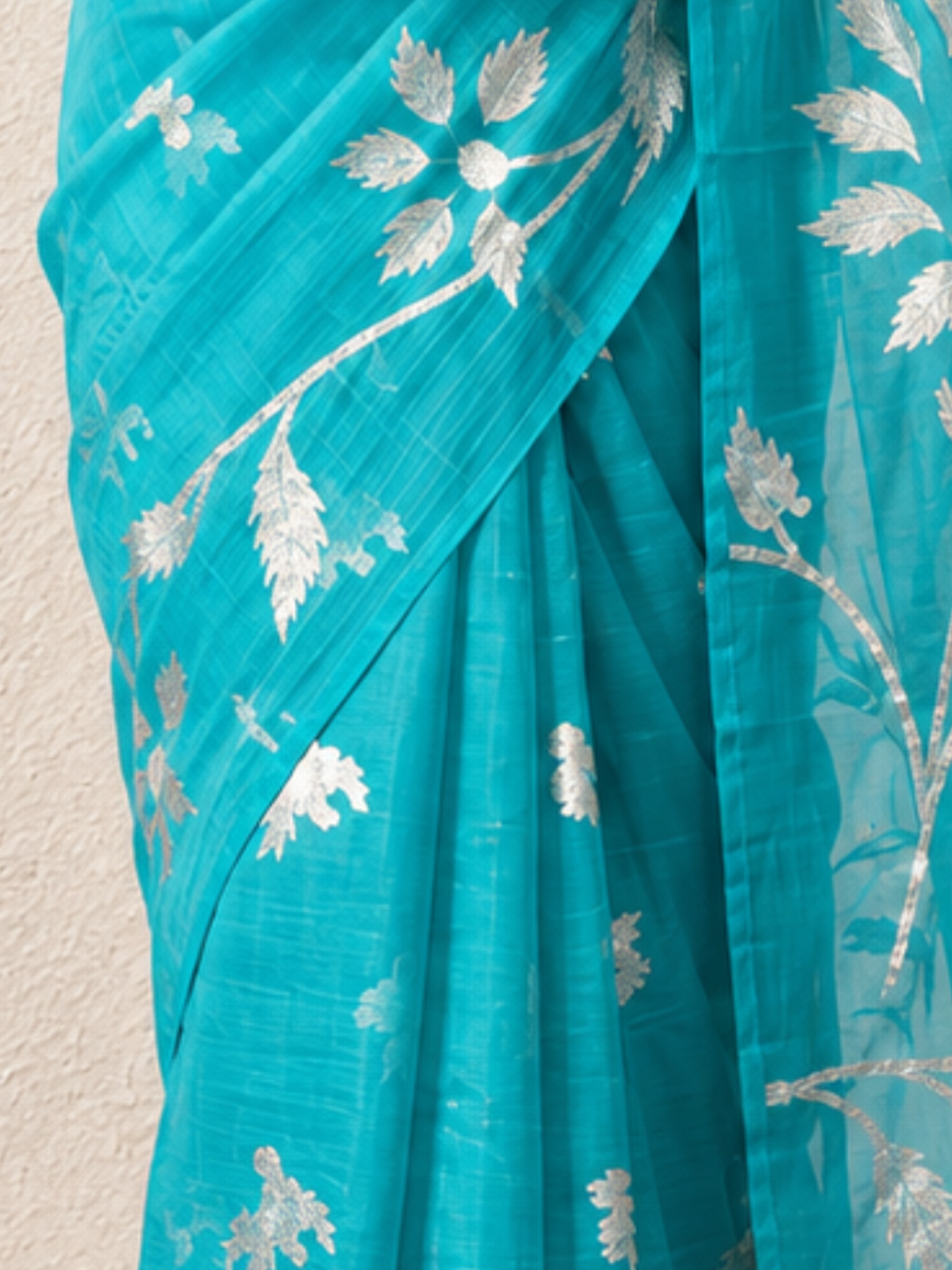 Turquoise Organza Saree with Zari Buti and Matching Stripe Blouse Fabric