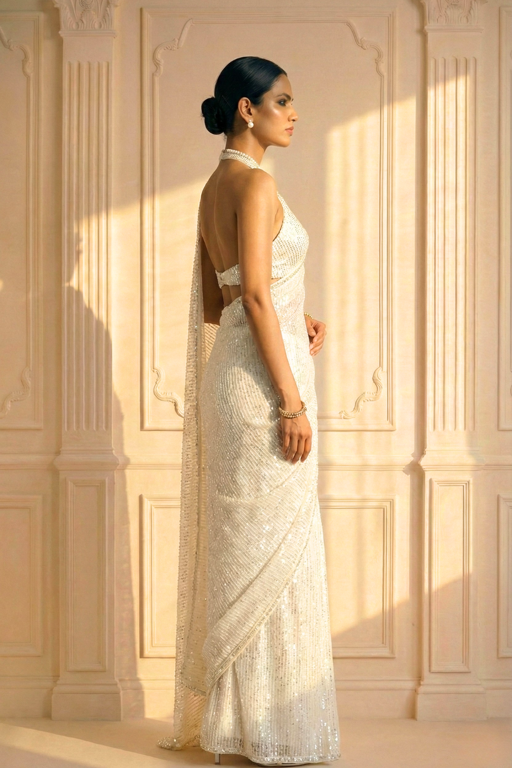 Cloud Dancer Knitted Sequin Saree with Self Blouse Fabric