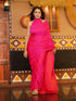 Pre-Draped 1-Minute Fuchsia Satin Saree with Gold Handmade Pendants and Blouse Fabric