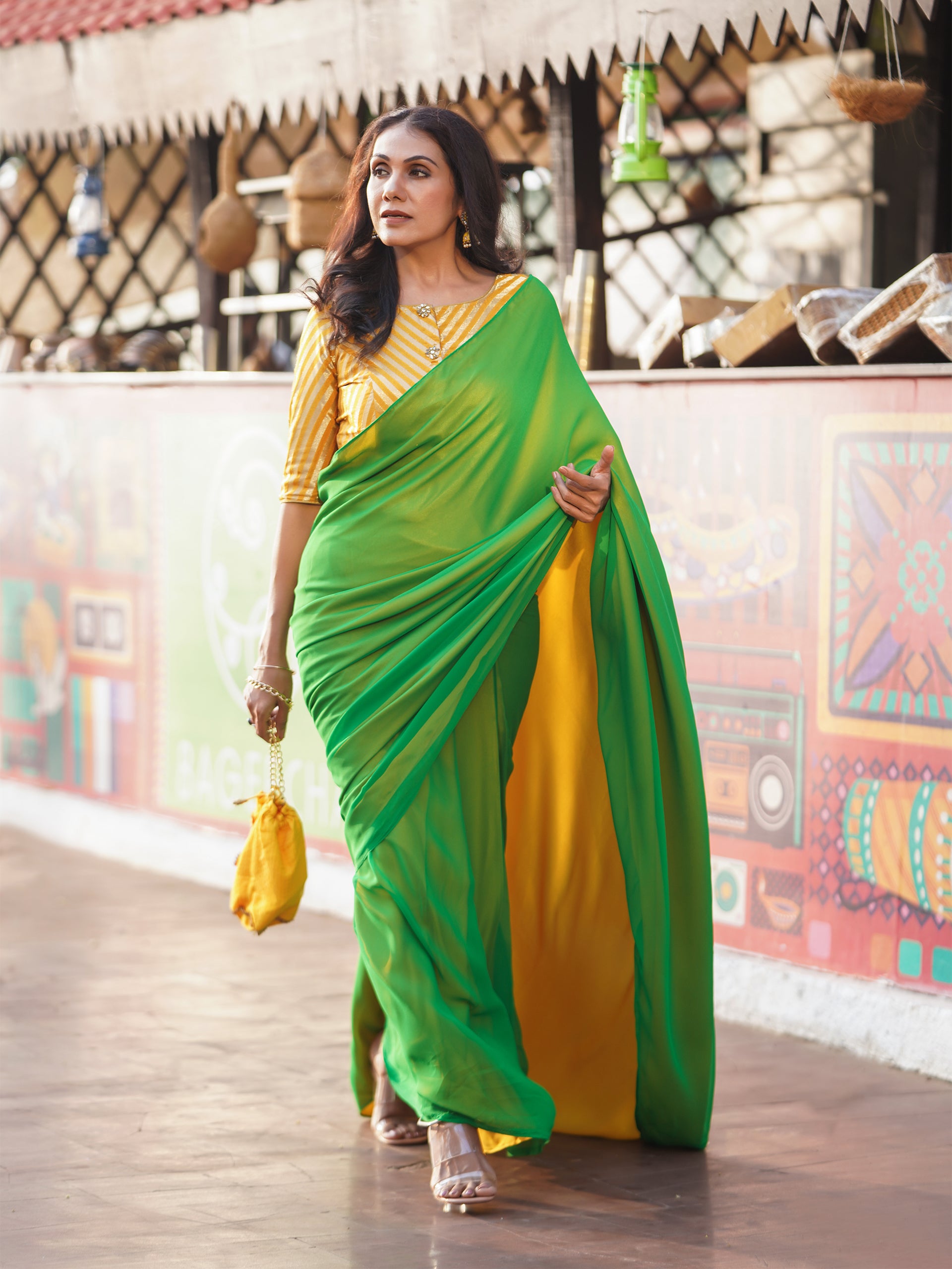 Pre-Draped 1-Minute Enchanting Green Georgette And Yellow Satin Saree