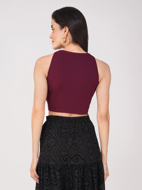 Women's Stretchy Knitted Halter Neck Wine Crop Top