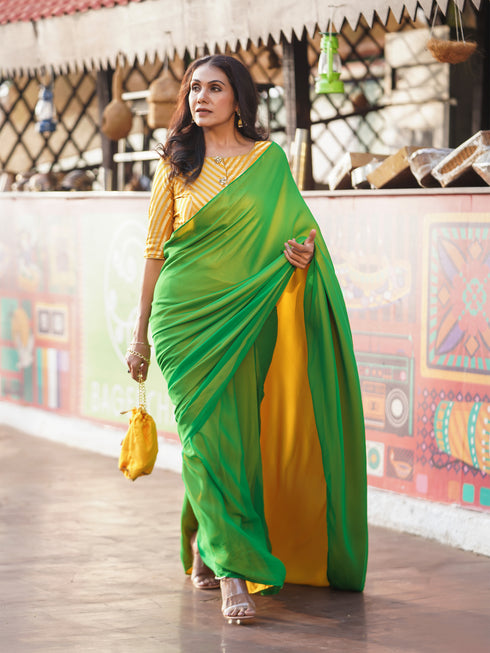 Pre-Draped 1-Minute Enchanting Green Georgette And Yellow Satin Saree with Blouse Fabric