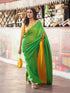 Pre-Draped 1-Minute Enchanting Green Georgette And Yellow Satin Saree with Blouse Fabric