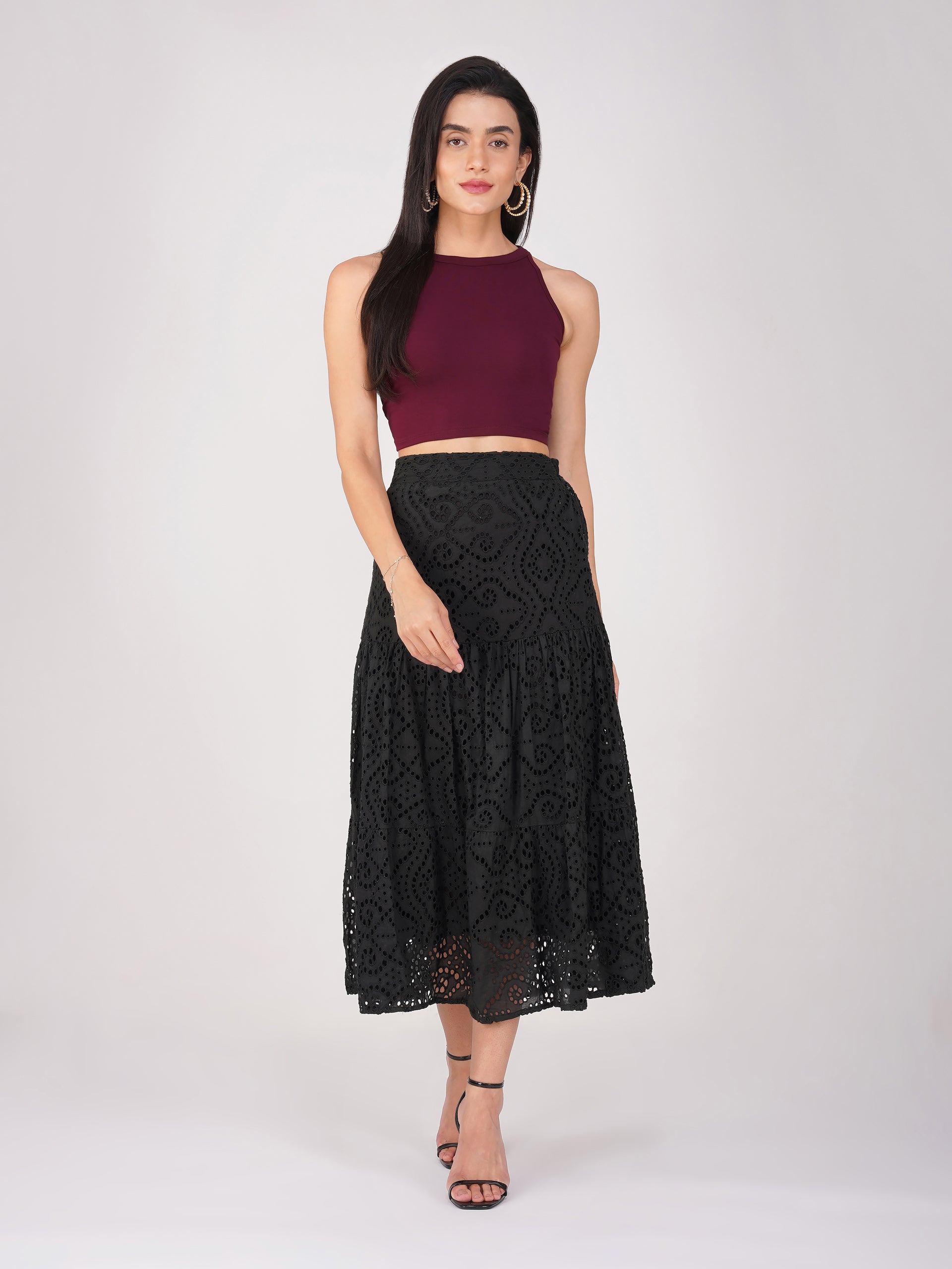Women's Stretchy Knitted Halter Neck Wine Crop Top