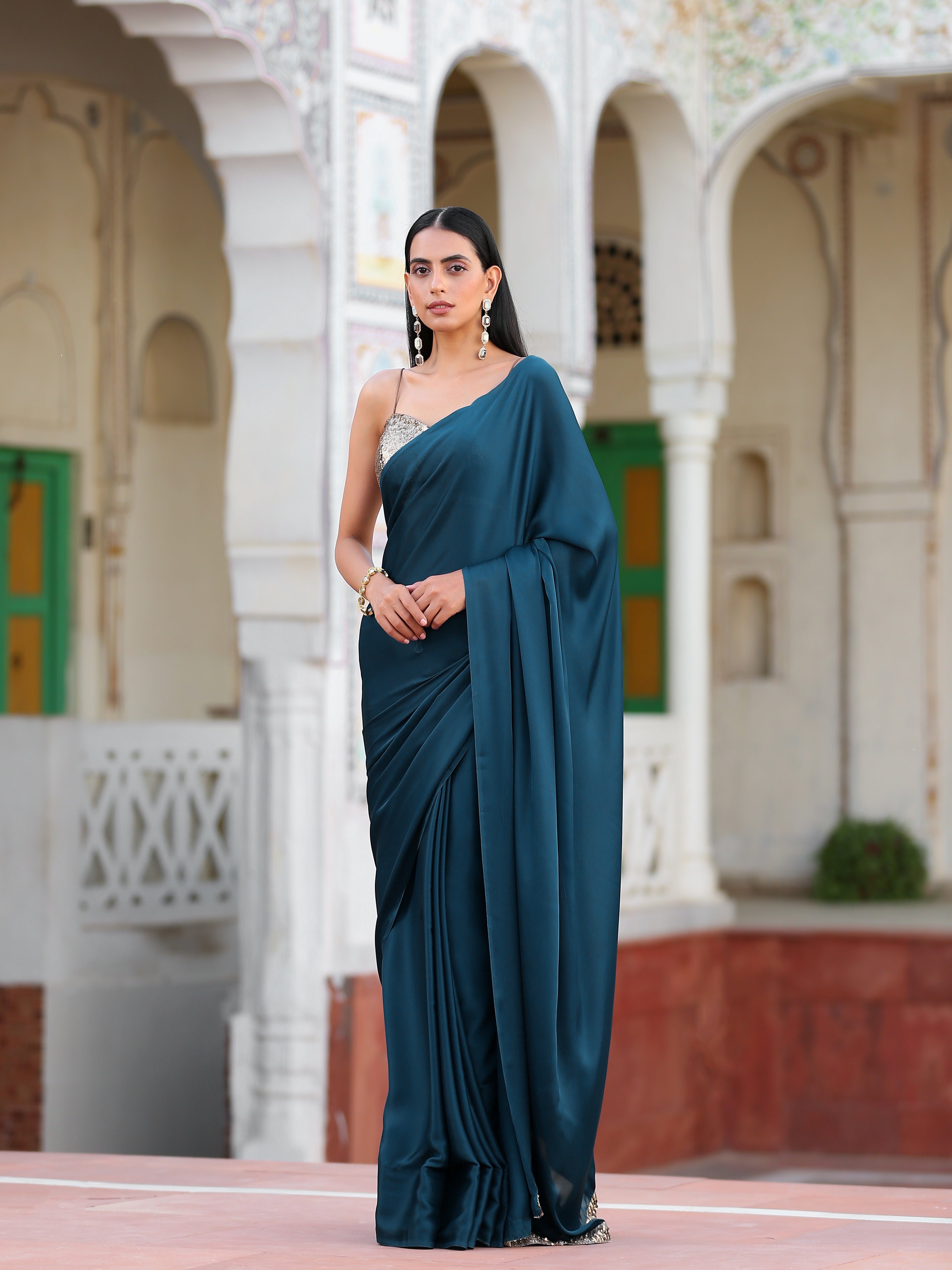 Prussian Blue Satin Saree