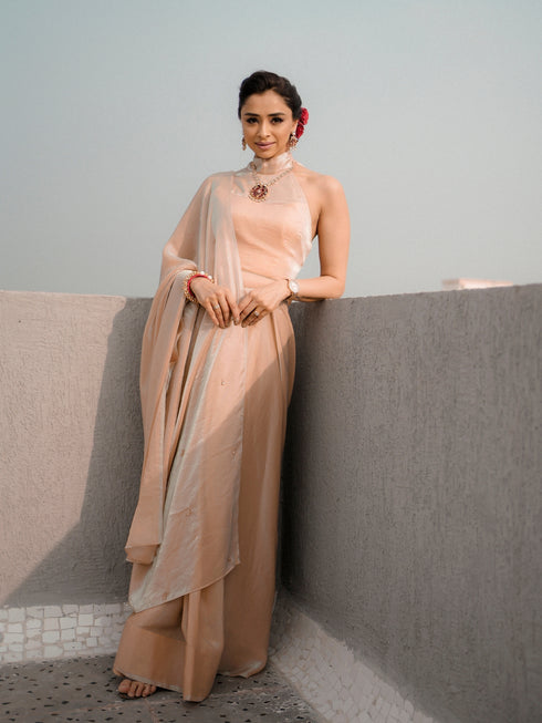 Peach Blue Metallic Satin Saree with Beads and Blouse Fabric