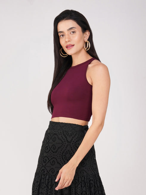 Women's Stretchy Knitted Halter Neck Wine Crop Top