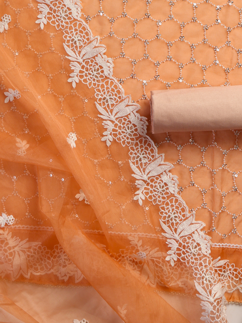 3 Pc Unstitched Suit SET - Peach Beaded and Embroidered Organza Kurta and Border Dupatta with Cotton Pyjama