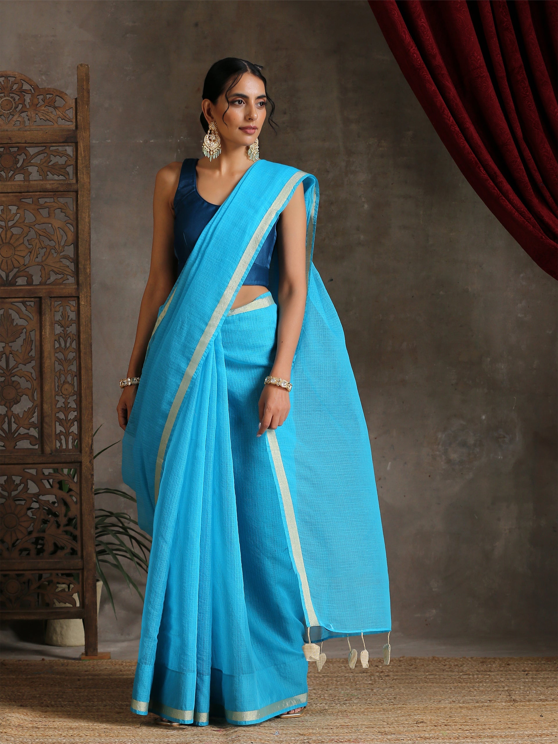 Sapphire Blue Kota Doria Saree with Border & Tassles