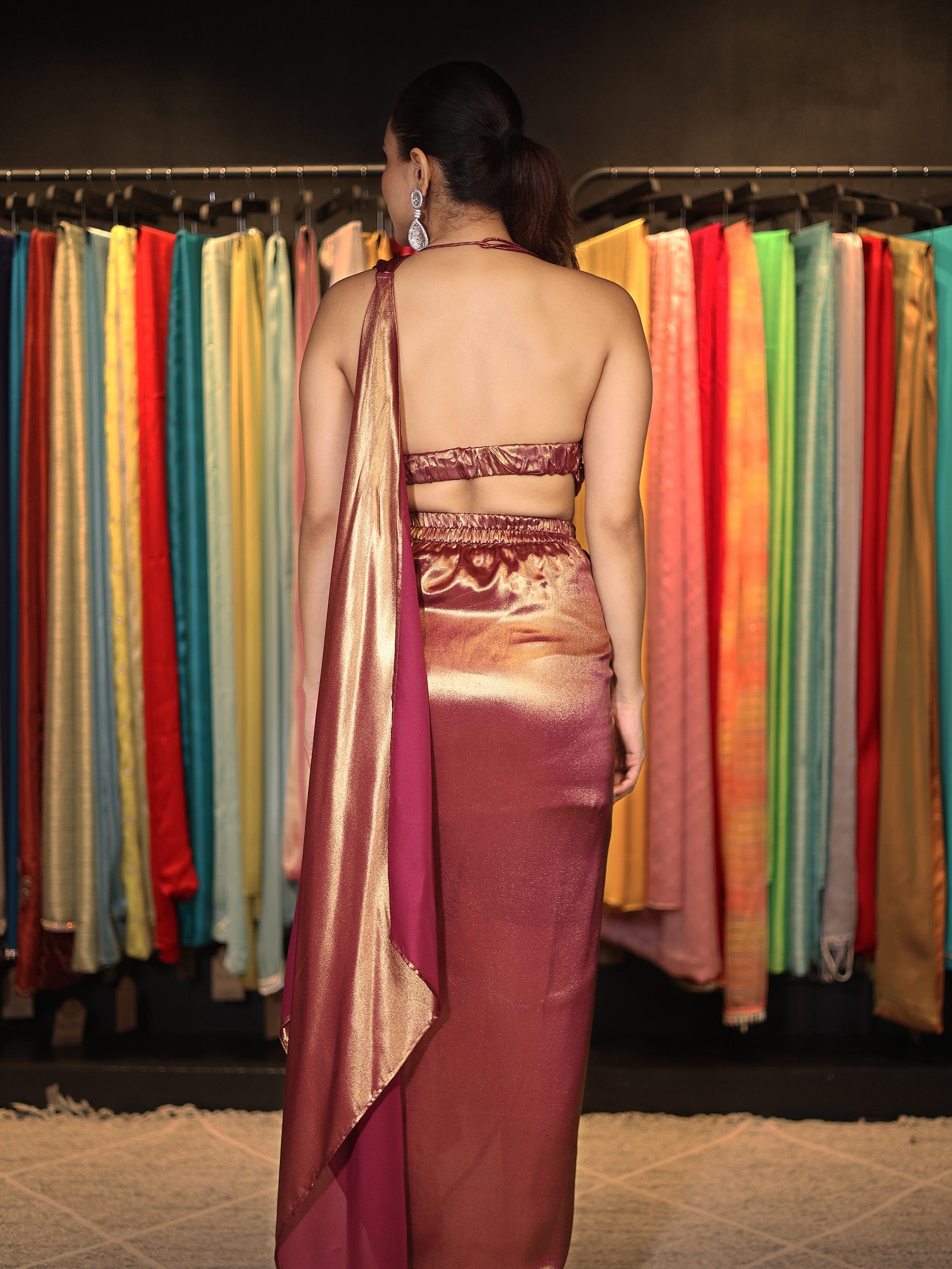2 pc SET - Avant-Garde Wine Gold Pre-Draped Saree with Blouse