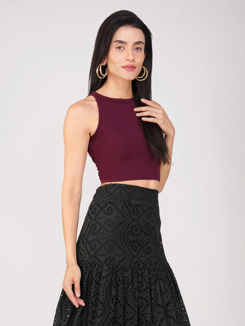 Women's Stretchy Knitted Halter Neck Wine Crop Top