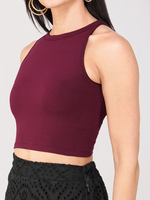 Women's Stretchy Knitted Halter Neck Wine Crop Top