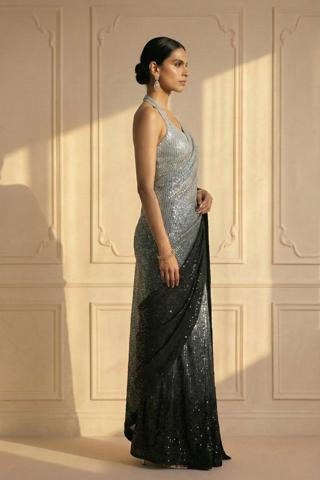 Black and Grey Ombre' Knitted Sequin Saree with Blouse Fabric