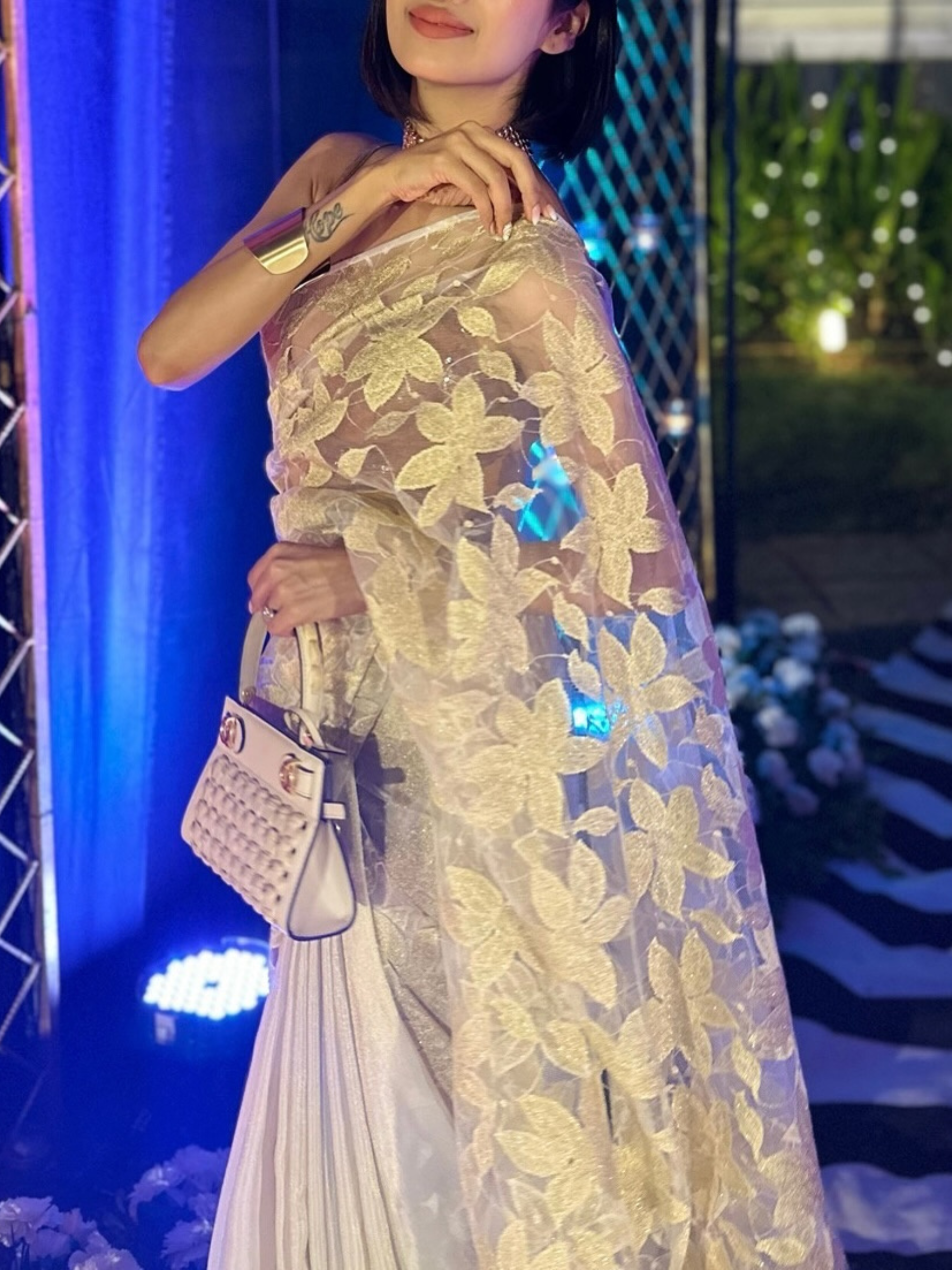 Floral Net Cream Gold Chiffon Saree with Blouse fabric